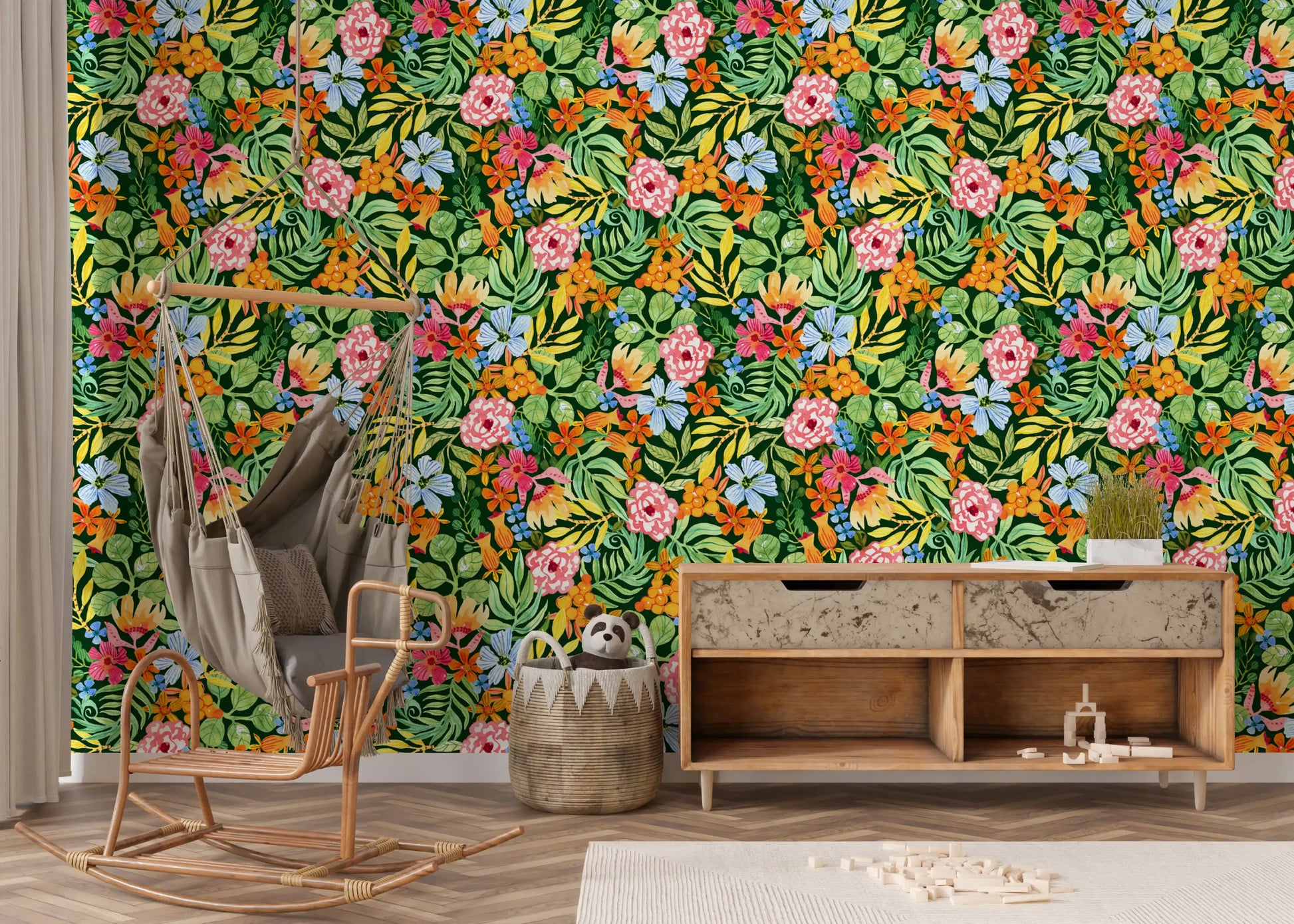 Vibrant Botanical Garden Illustration Wallpaper⁠