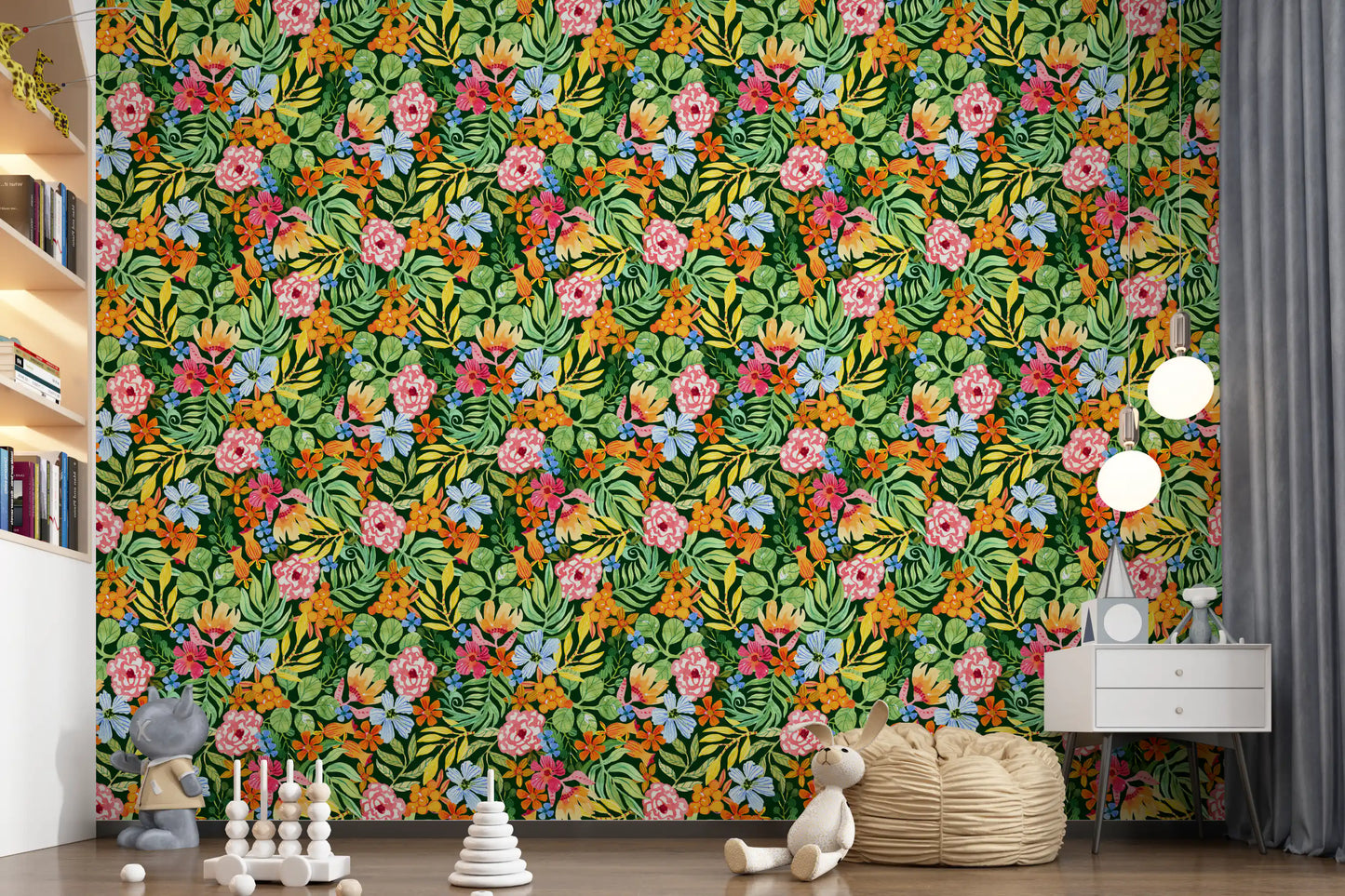 Vibrant Botanical Garden Illustration Wallpaper⁠