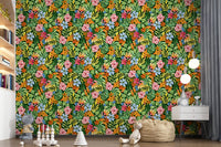 Vibrant Botanical Garden Illustration Wallpaper⁠