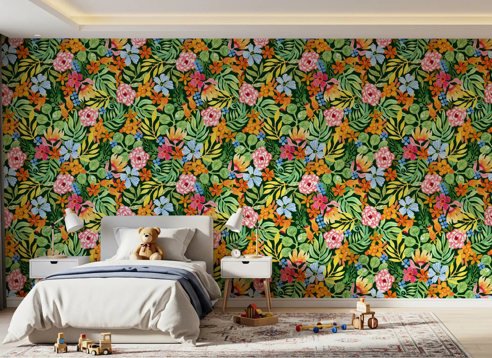 Vibrant Botanical Garden Illustration Wallpaper⁠