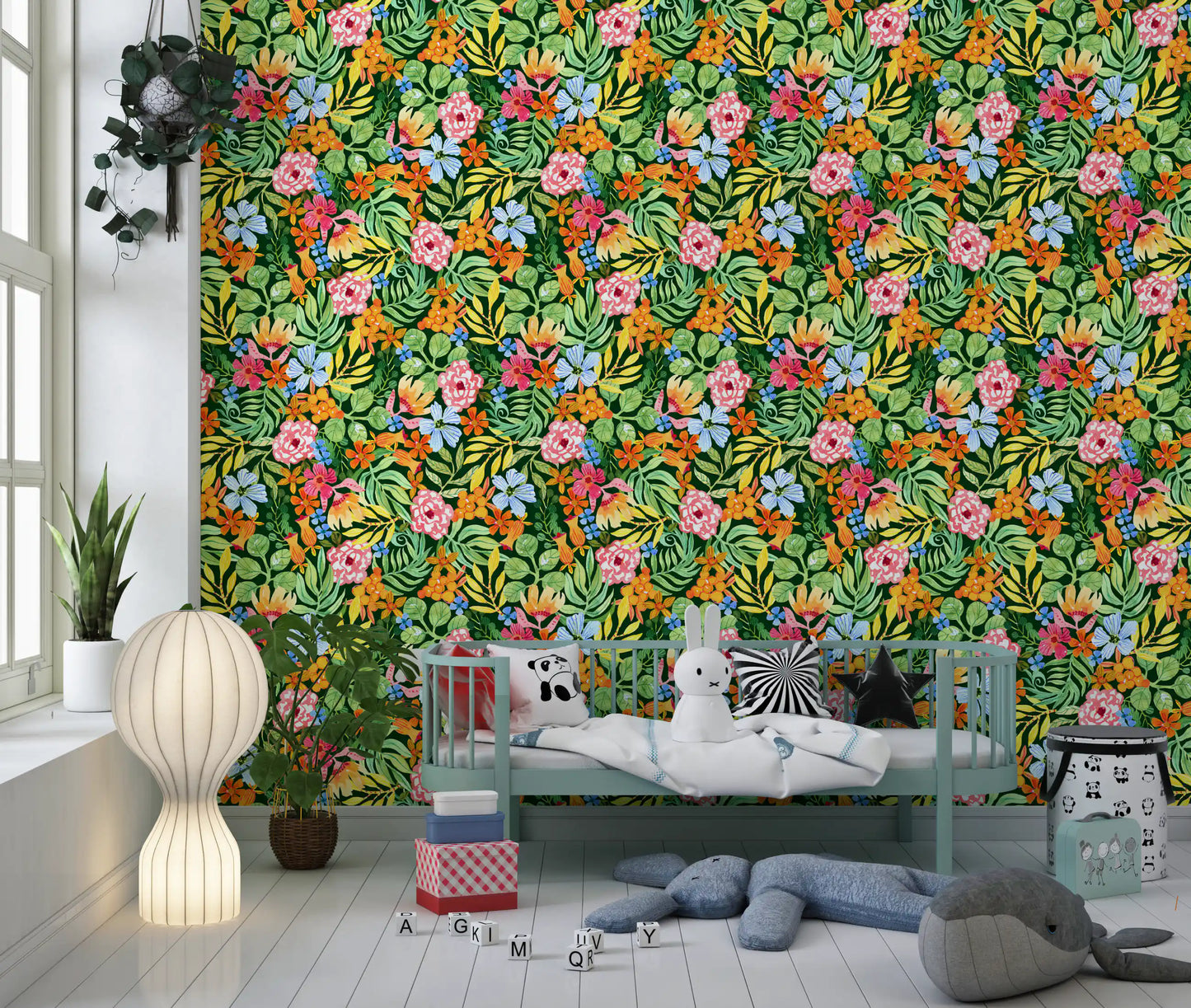 Vibrant Botanical Garden Illustration Wallpaper⁠