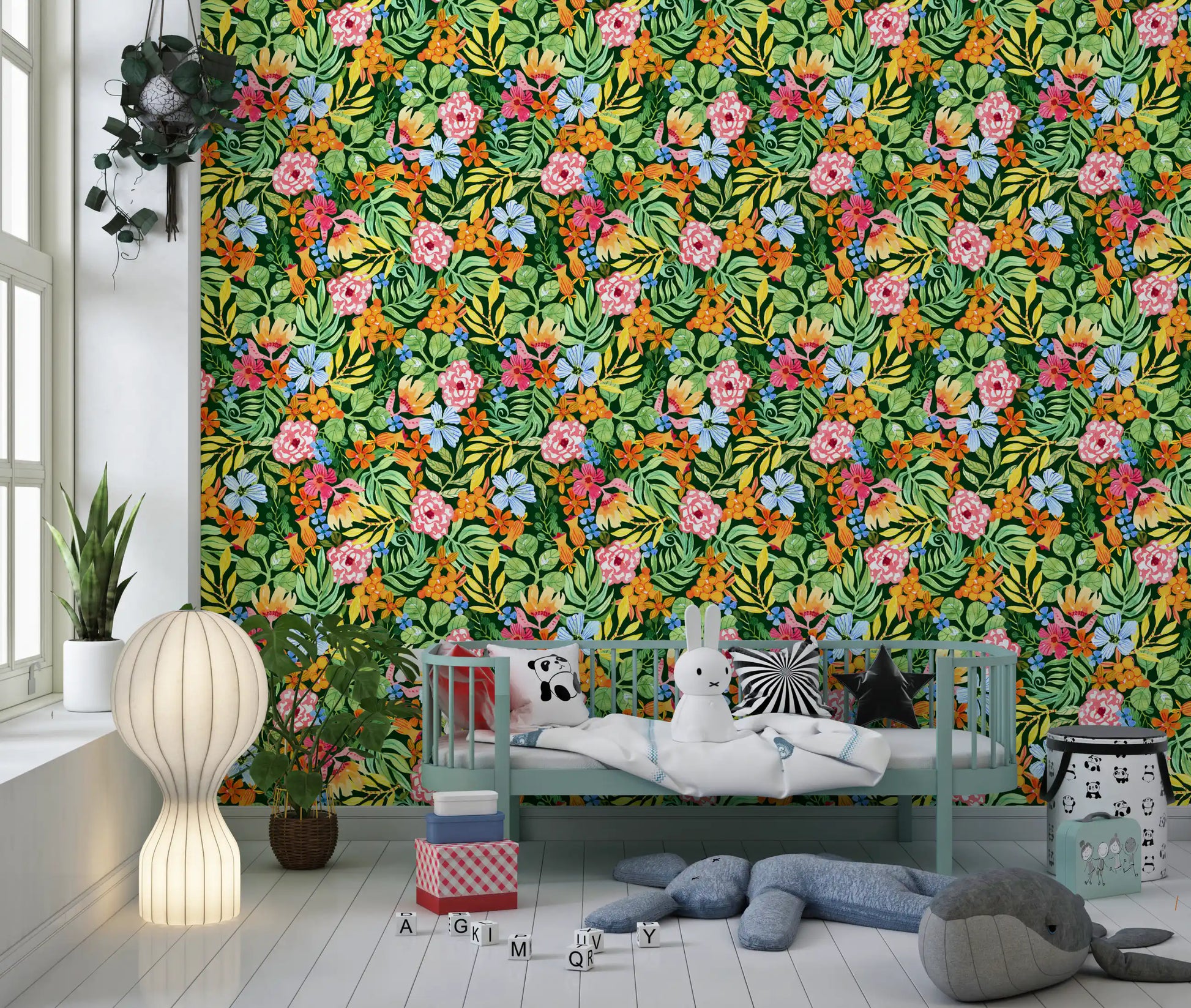 Vibrant Botanical Garden Illustration Wallpaper⁠