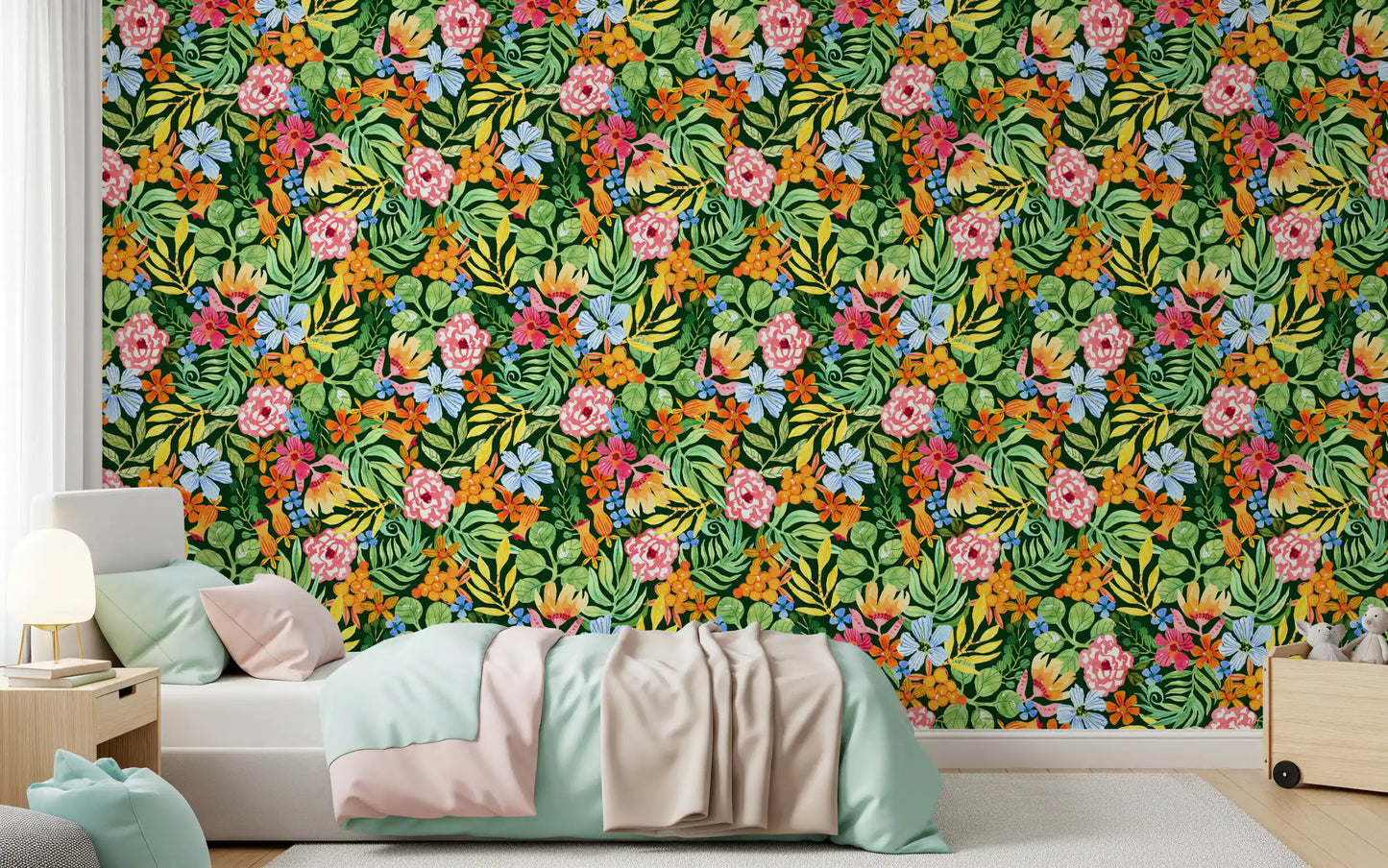 Vibrant Botanical Garden Illustration Wallpaper⁠