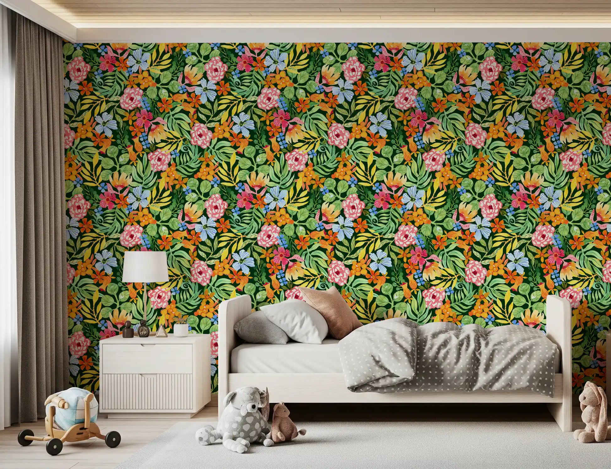 Vibrant Botanical Garden Illustration Wallpaper⁠
