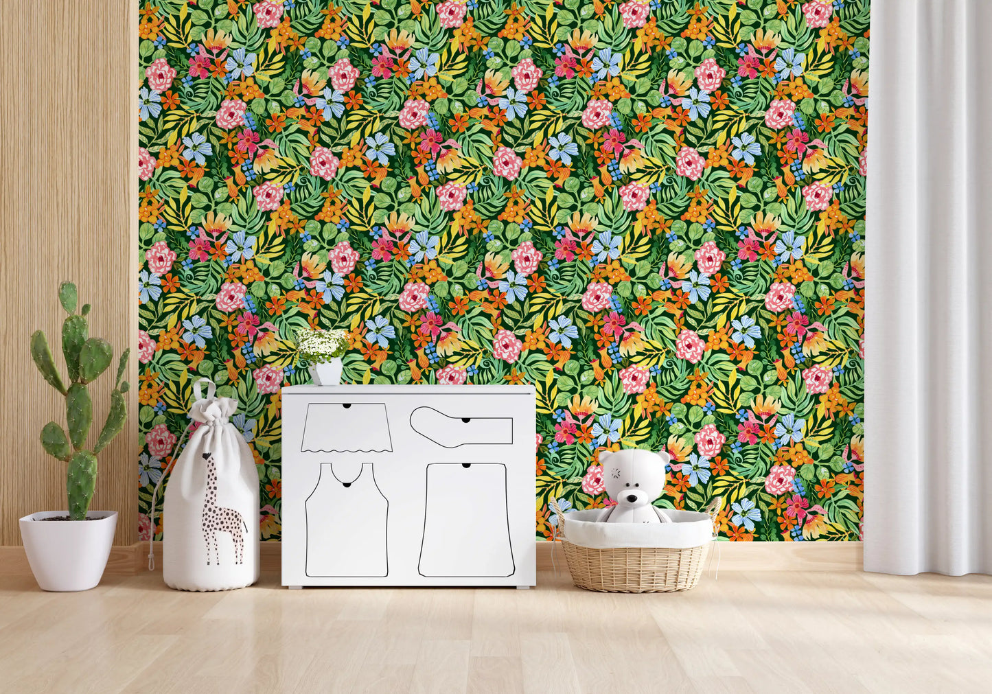 Vibrant Botanical Garden Illustration Wallpaper⁠