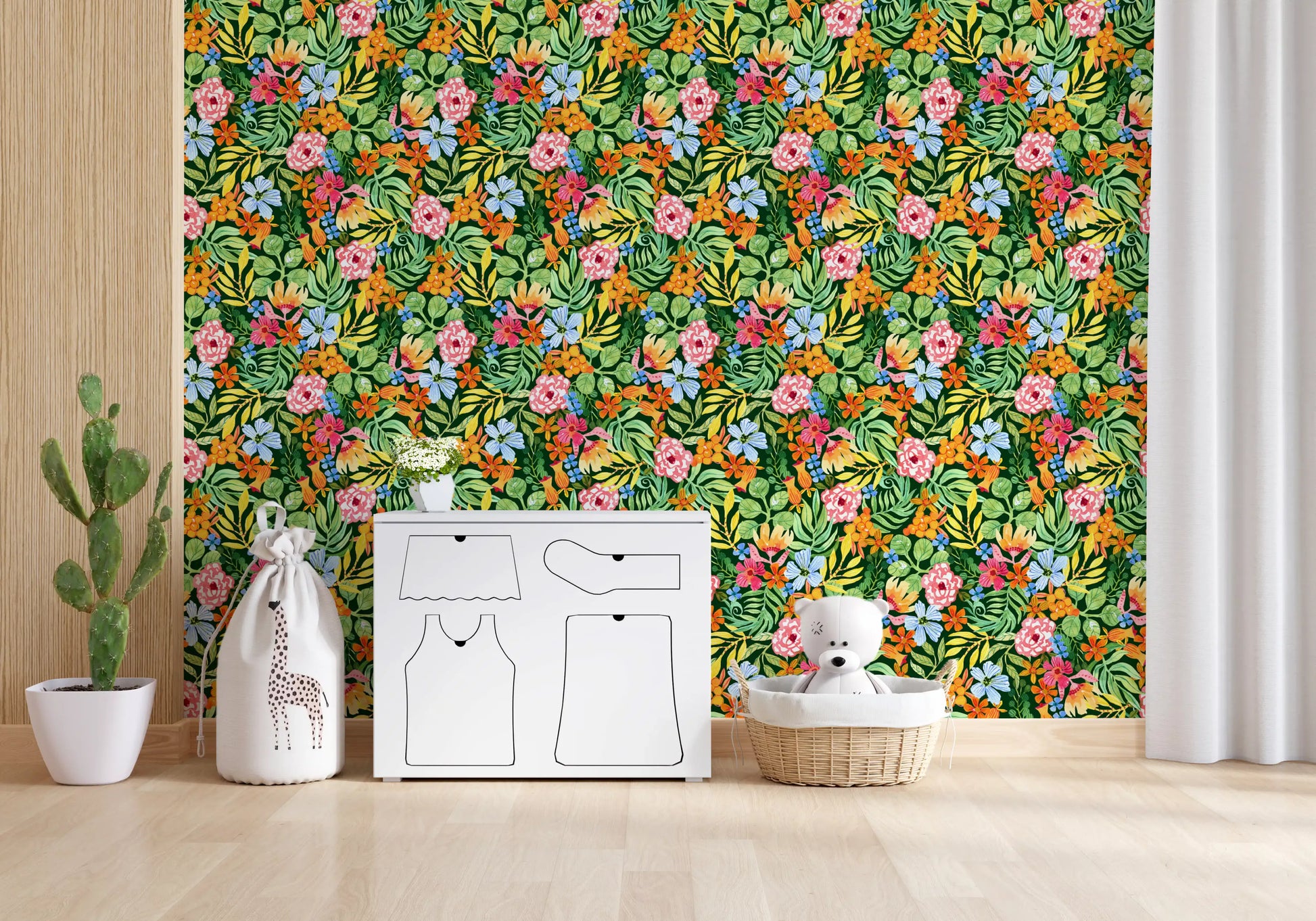 Vibrant Botanical Garden Illustration Wallpaper⁠