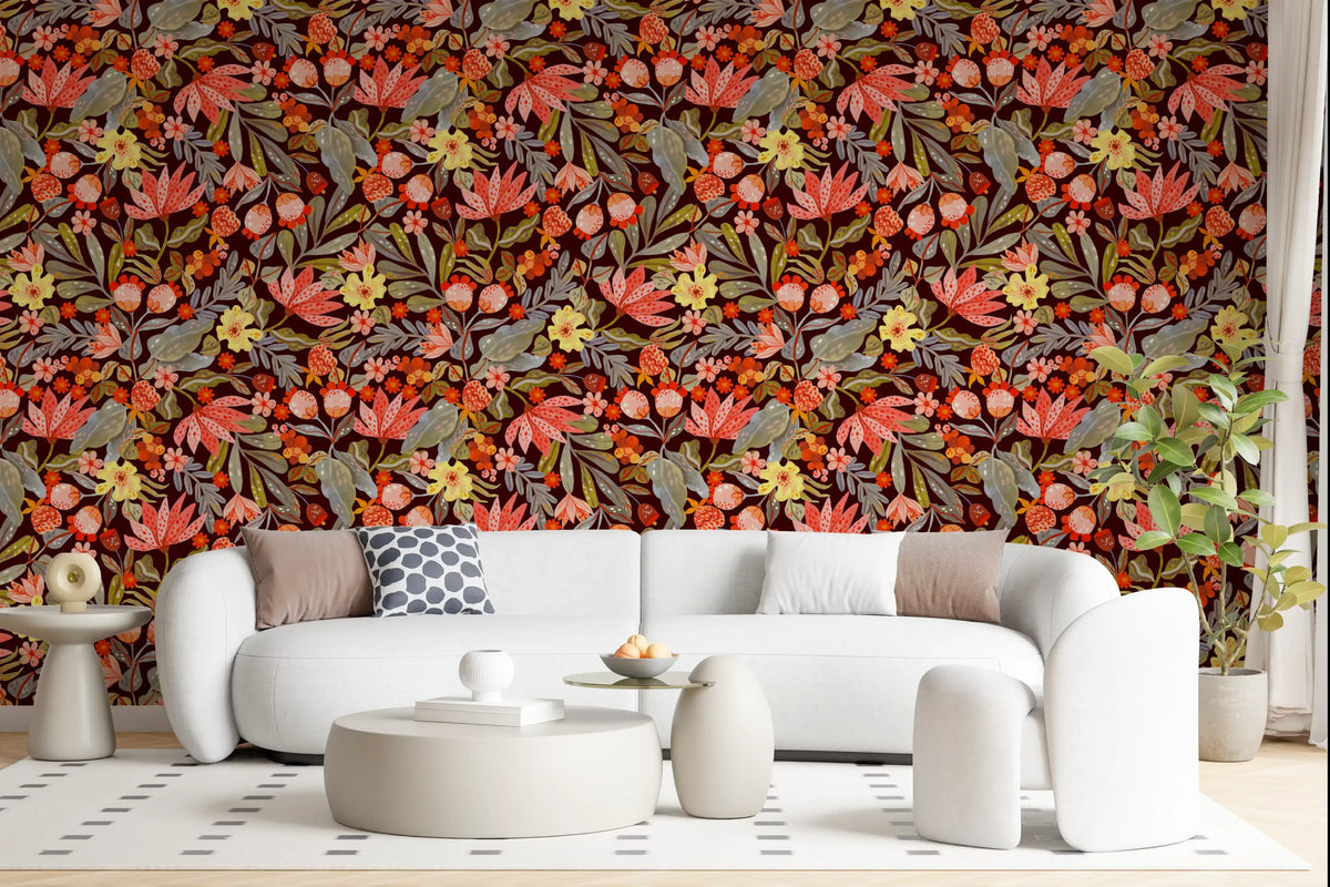 Warm floral wallpaper behind a white curved sofa in a living room GD12067