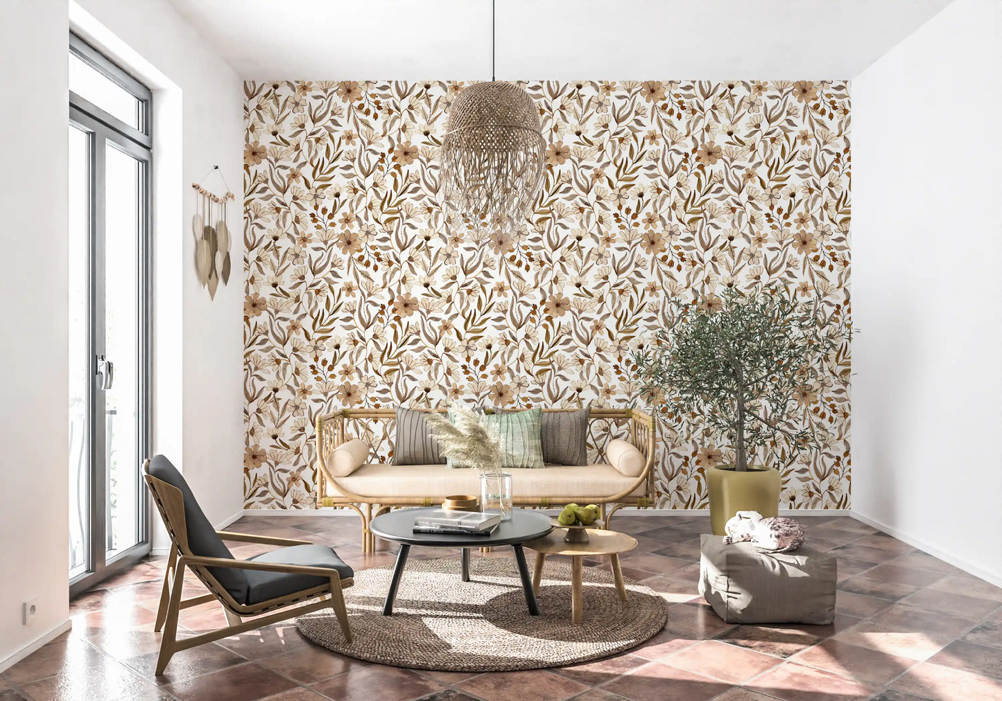 Neutral Watercolor Floral Sketch Wallpaper⁠