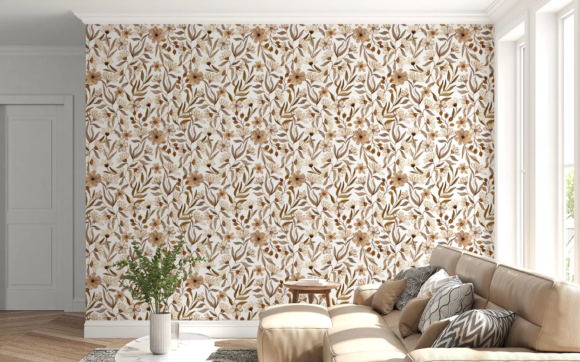 Neutral Watercolor Floral Sketch Wallpaper⁠