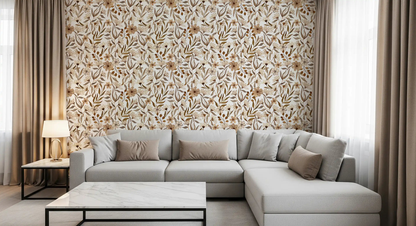Neutral Watercolor Floral Sketch Wallpaper⁠