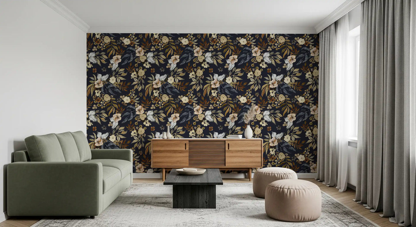Dark Botanical Floral Illustration Wallpaper⁠
