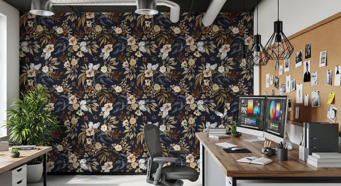 Dark Botanical Floral Illustration Wallpaper⁠