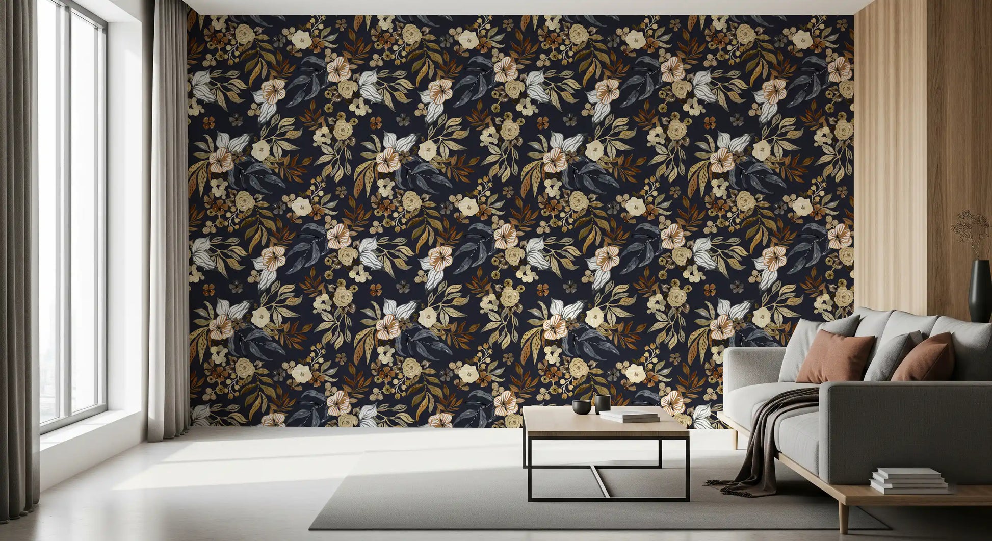 Dark Botanical Floral Illustration Wallpaper⁠