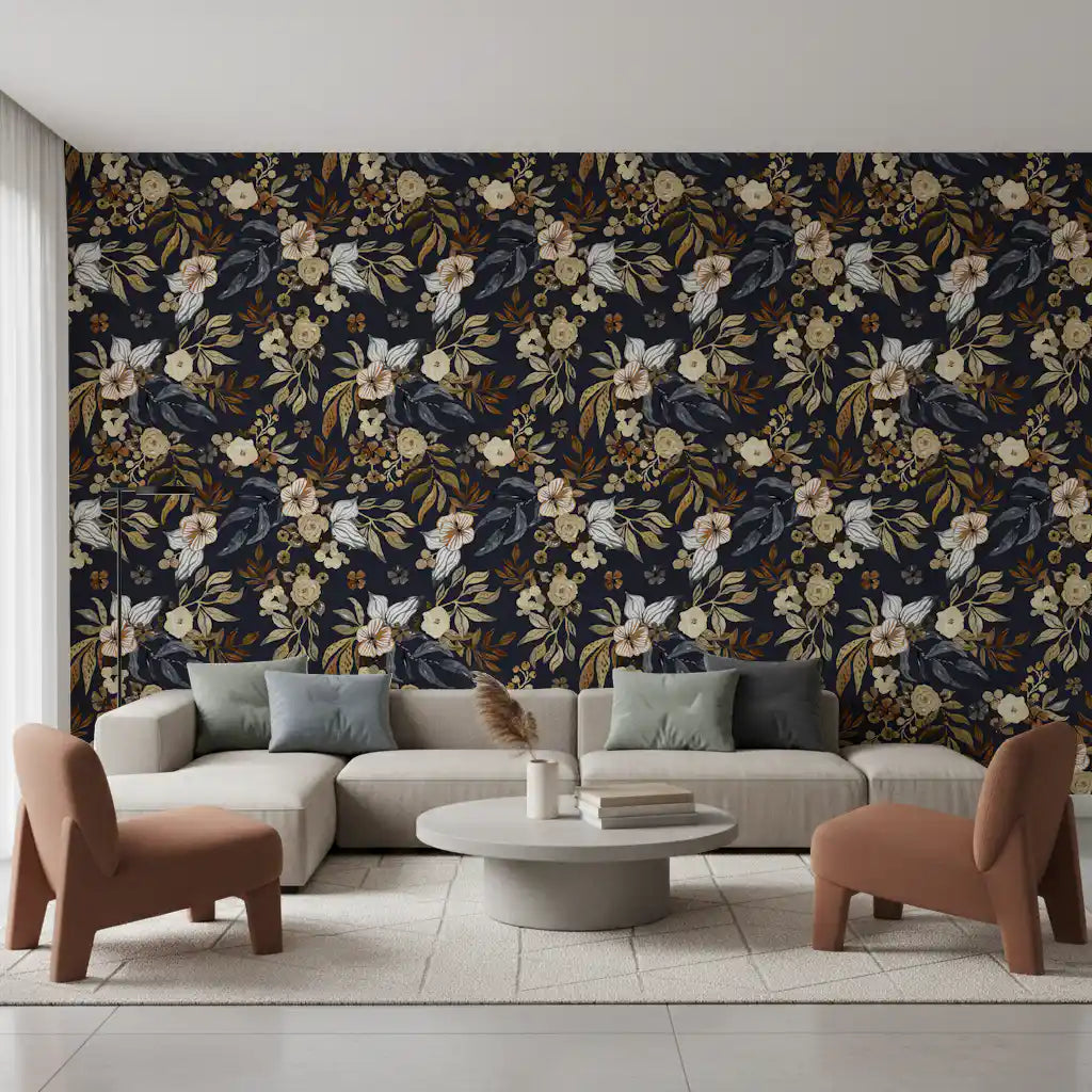 Dark Botanical Floral Illustration Wallpaper⁠