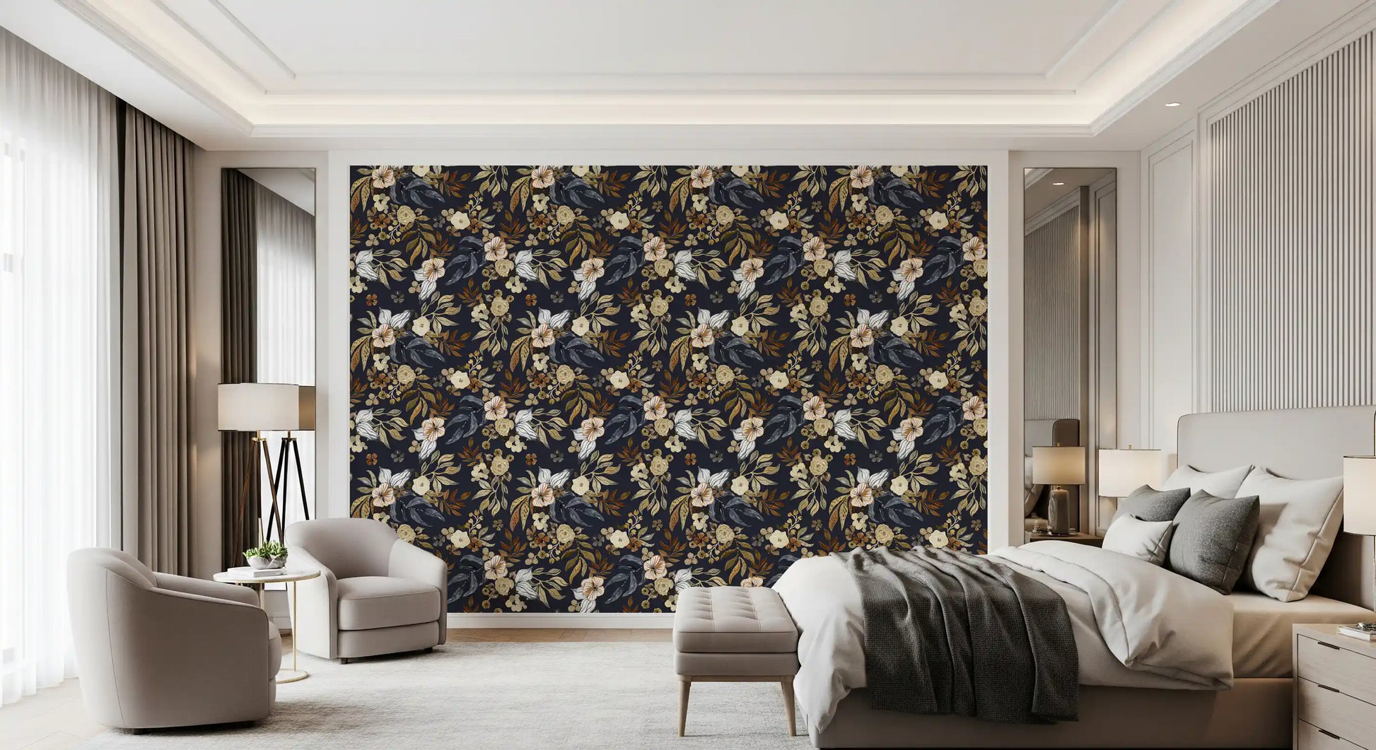 Dark Botanical Floral Illustration Wallpaper⁠