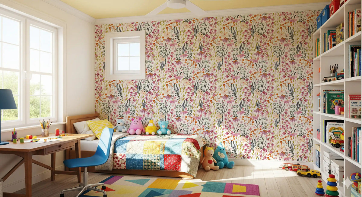 Colourful floral wallpaper in a childrens bedroom with a bright play rug GD12077