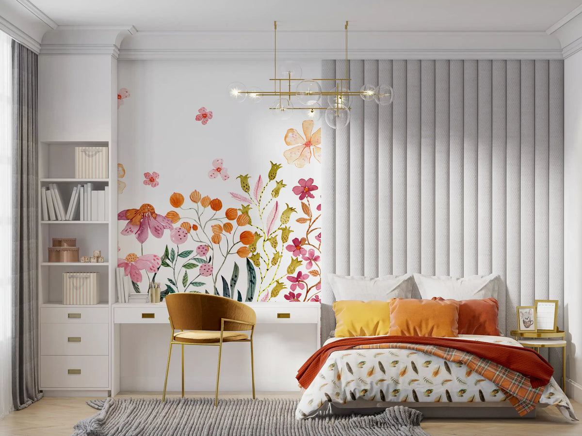 Wildflower meadow mural in a bedroom with a study desk and gold chair GD12078