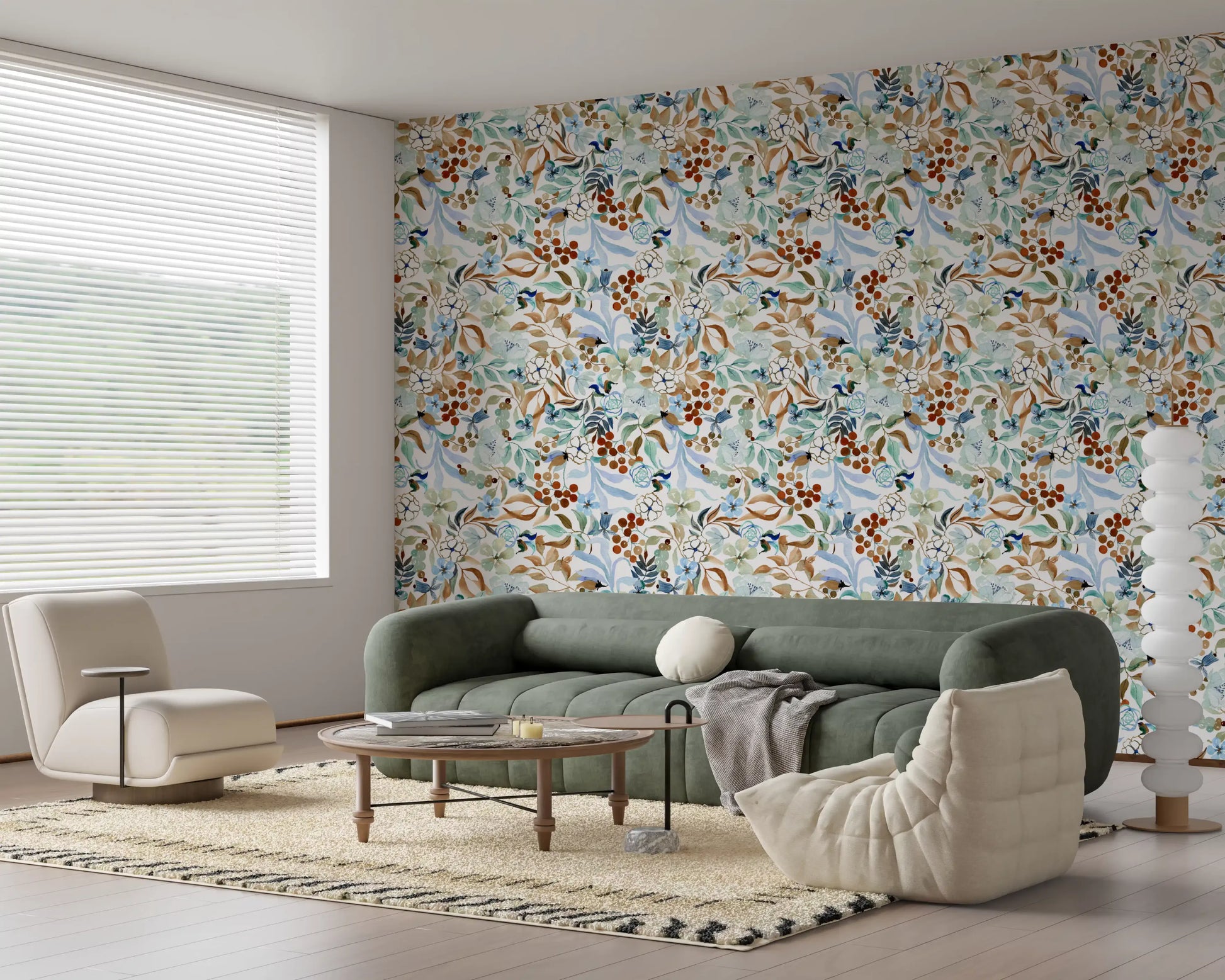 Soft Sage and Blue Meadow Pattern Wallpaper⁠