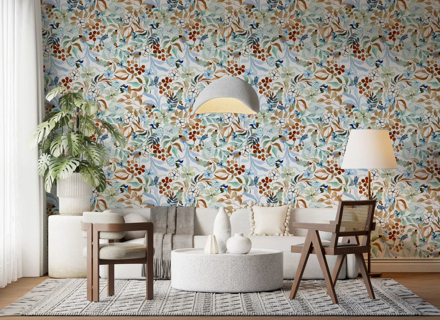 Soft Sage and Blue Meadow Pattern Wallpaper⁠