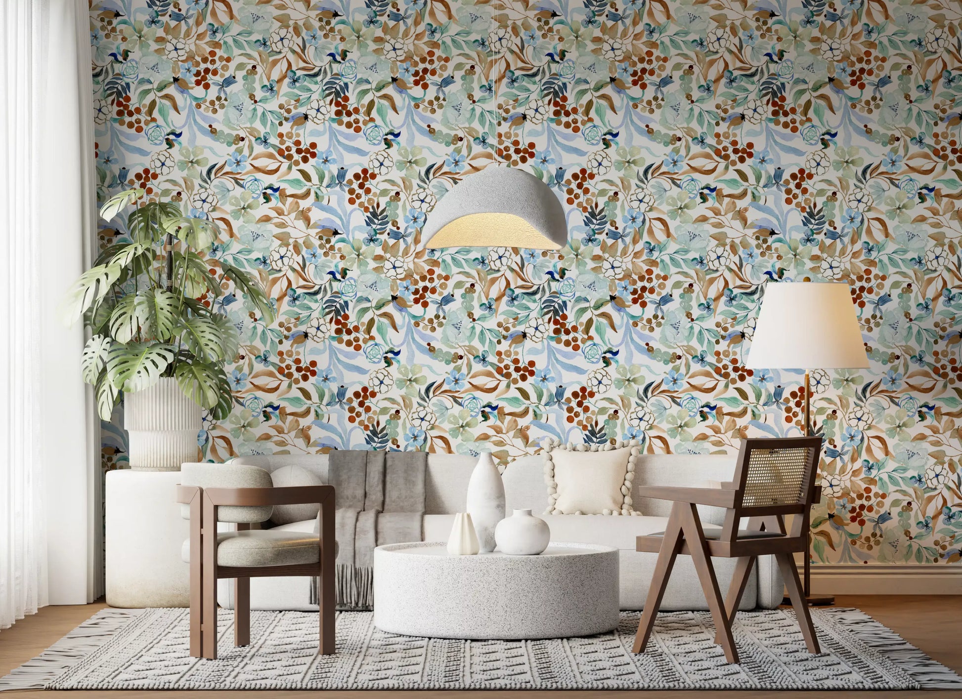 Soft Sage and Blue Meadow Pattern Wallpaper⁠