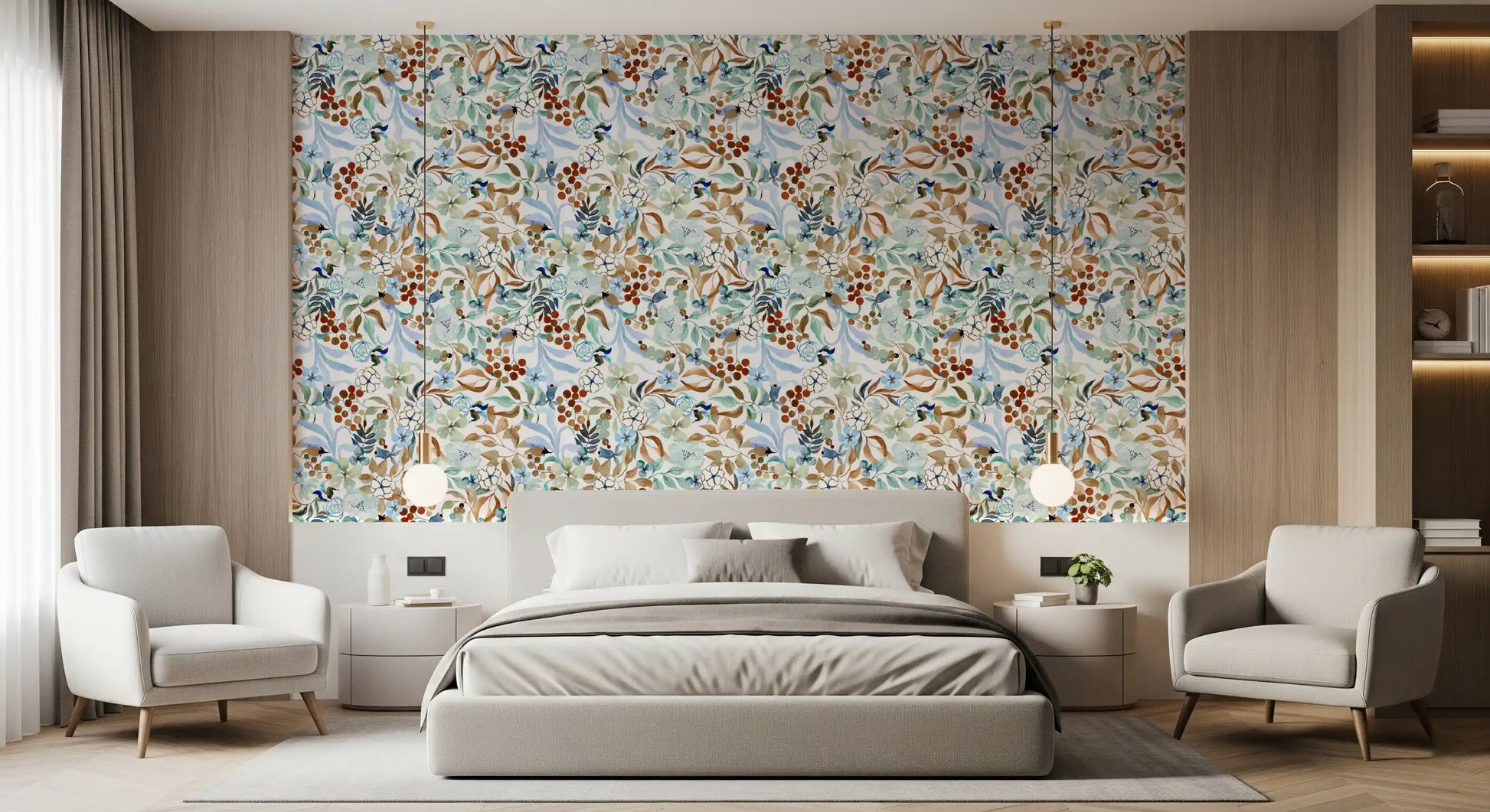 Soft Sage and Blue Meadow Pattern Wallpaper⁠