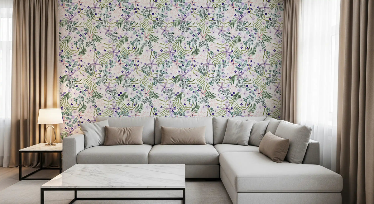 Spring wildflower wallpaper in a living room with a grey corner sofa GD12087