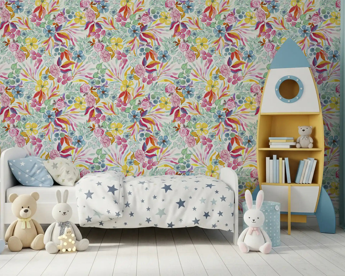 Colourful meadow floral wallpaper in a toddler room with a rocket bookshelf GD12089