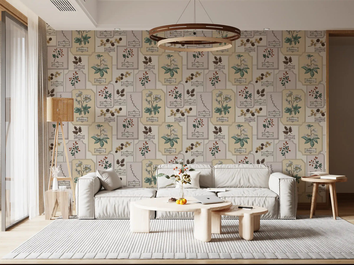 Botanical herbarium wallpaper in a bright living room with a white sofa GD12091