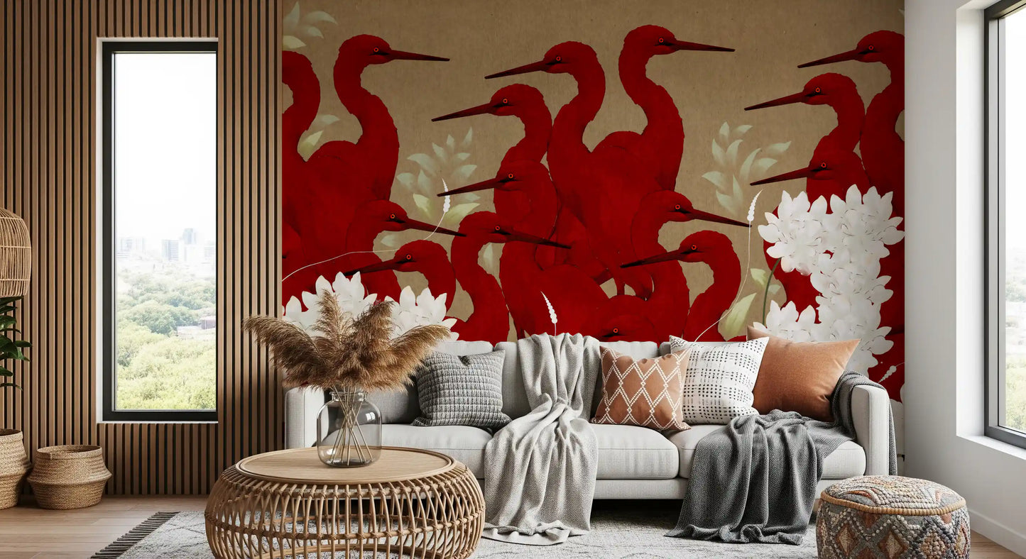 Crimson Herons and White Blossoms Wall Mural