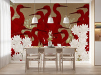 Crimson Herons and White Blossoms Wall Mural