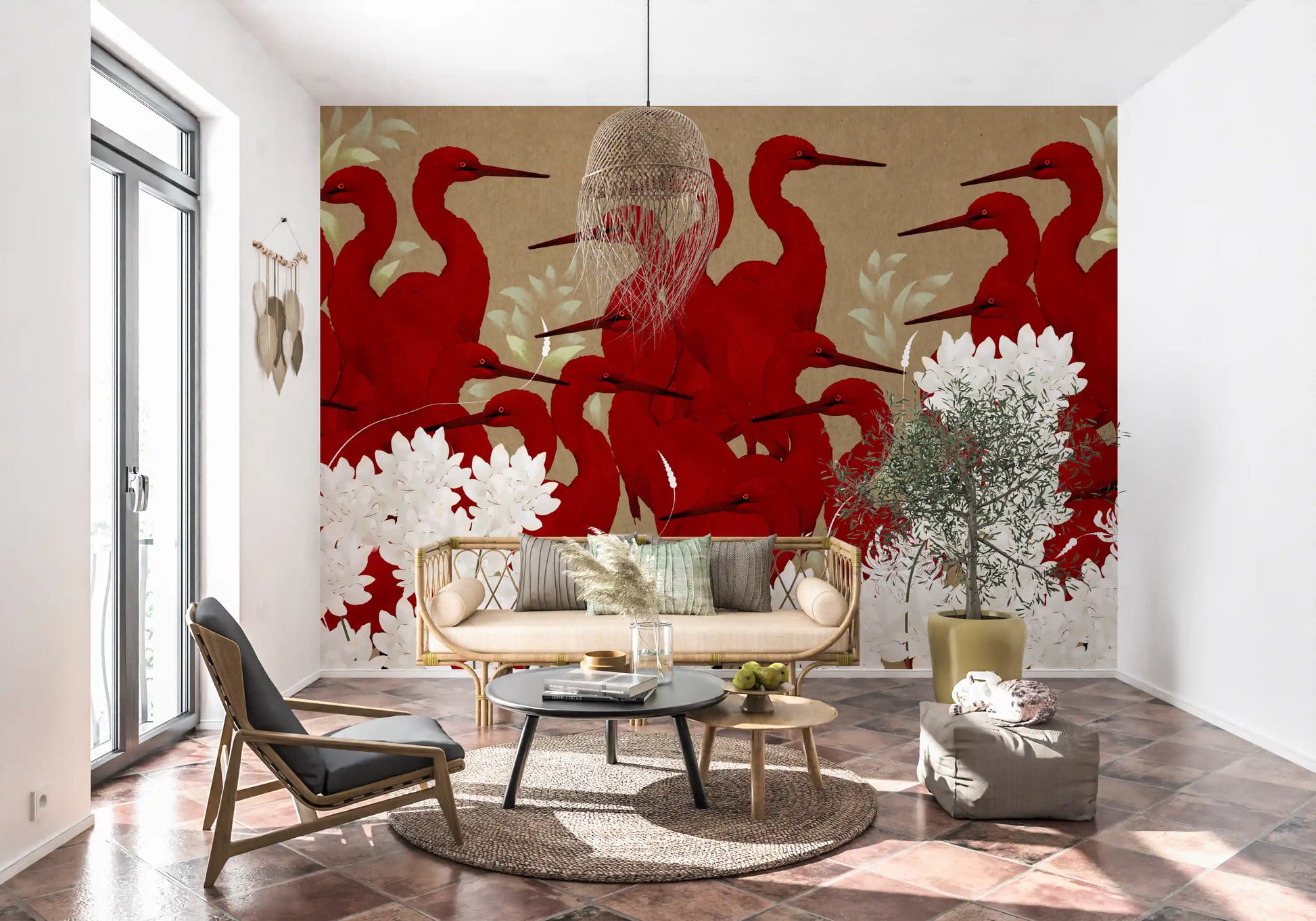 Crimson Herons and White Blossoms Wall Mural