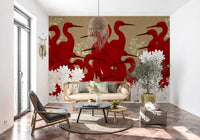 Crimson Herons and White Blossoms Wall Mural