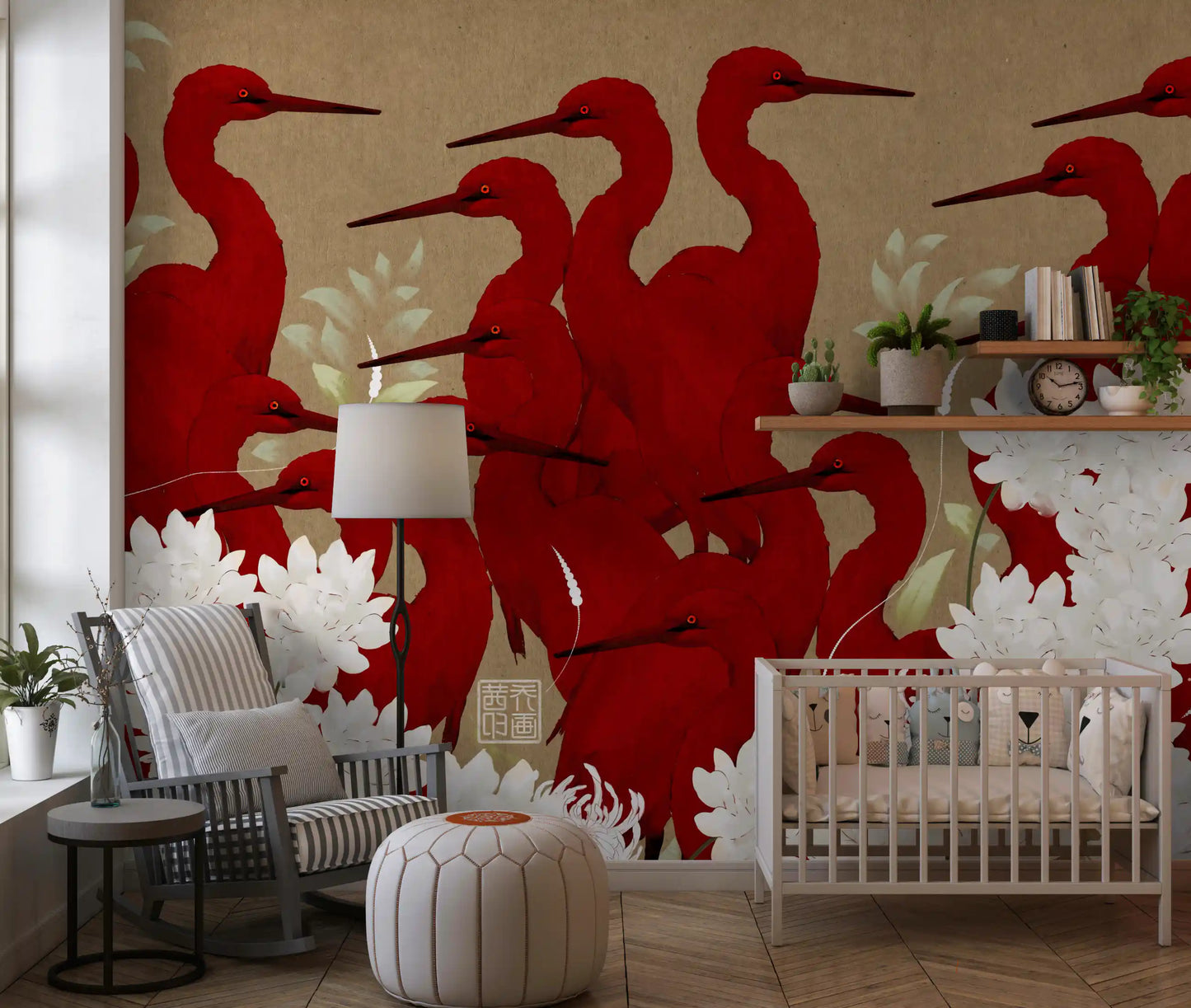 Crimson Herons and White Blossoms Wall Mural