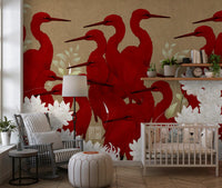 Crimson Herons and White Blossoms Wall Mural