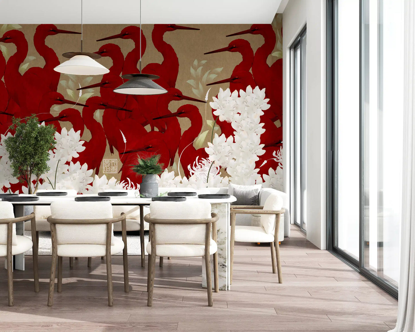Crimson Herons and White Blossoms Wall Mural