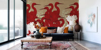 Crimson Herons and White Blossoms Wall Mural