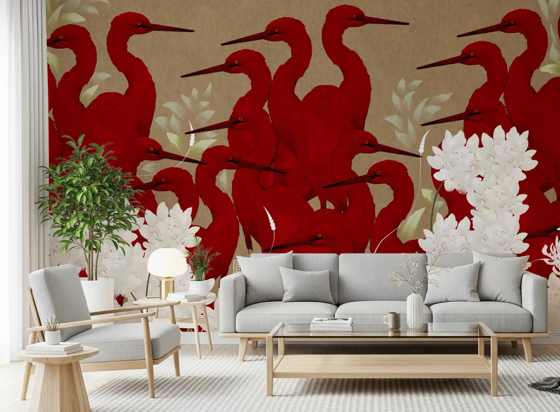 Crimson Herons and White Blossoms Wall Mural