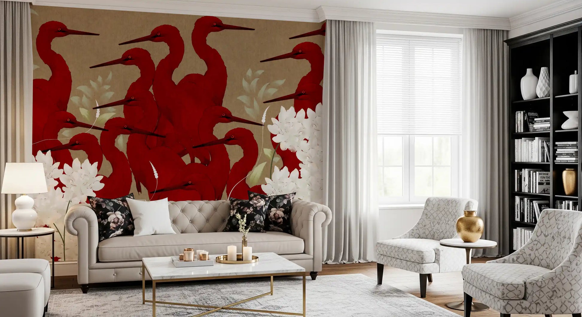 Crimson Herons and White Blossoms Wall Mural