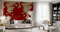 Crimson Herons and White Blossoms Wall Mural