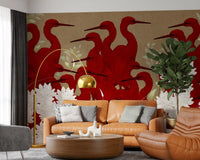 Crimson Herons and White Blossoms Wall Mural