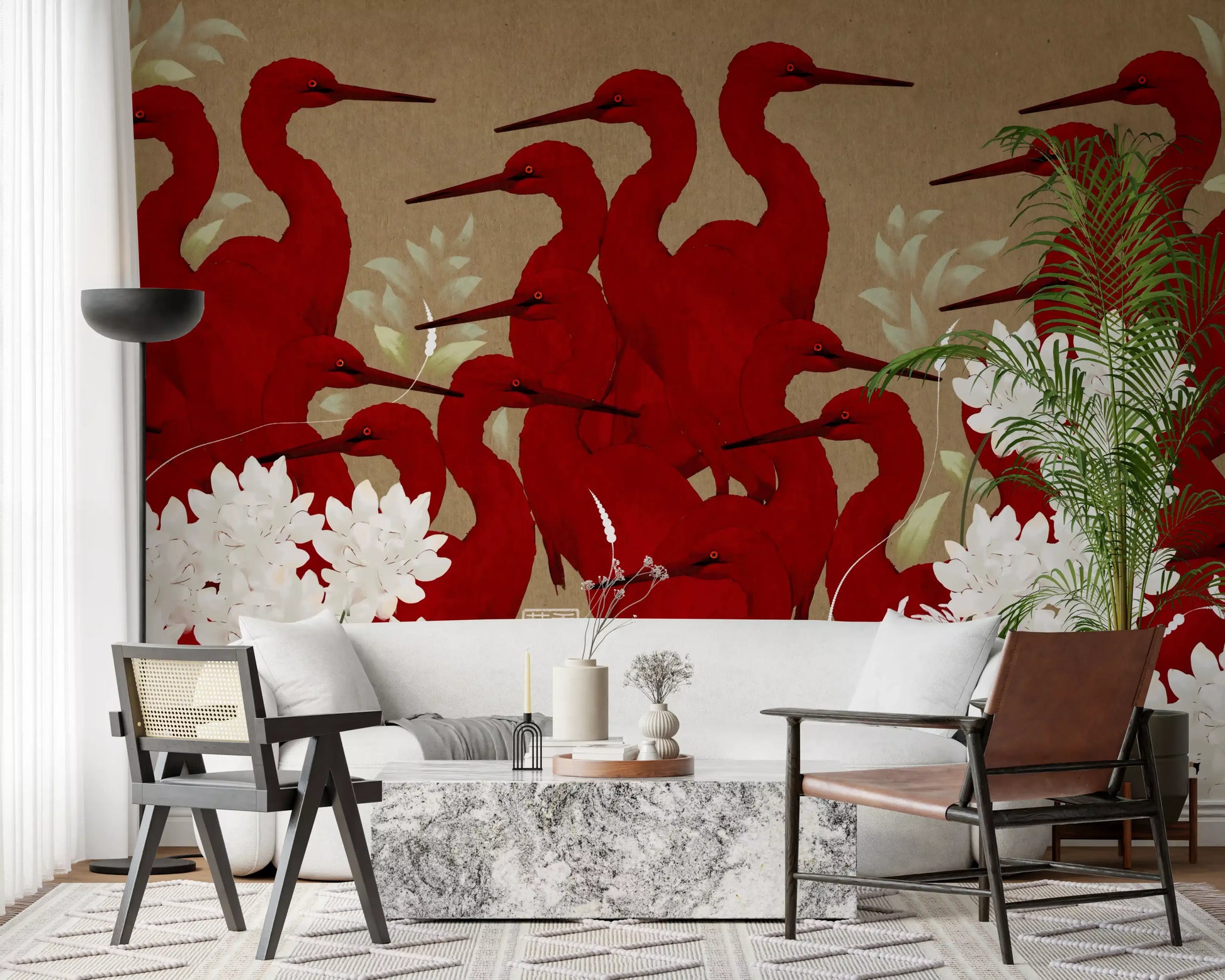 Crimson Herons and White Blossoms Wall Mural