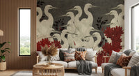 Crimson Crane Assemblage Floral Wall Mural