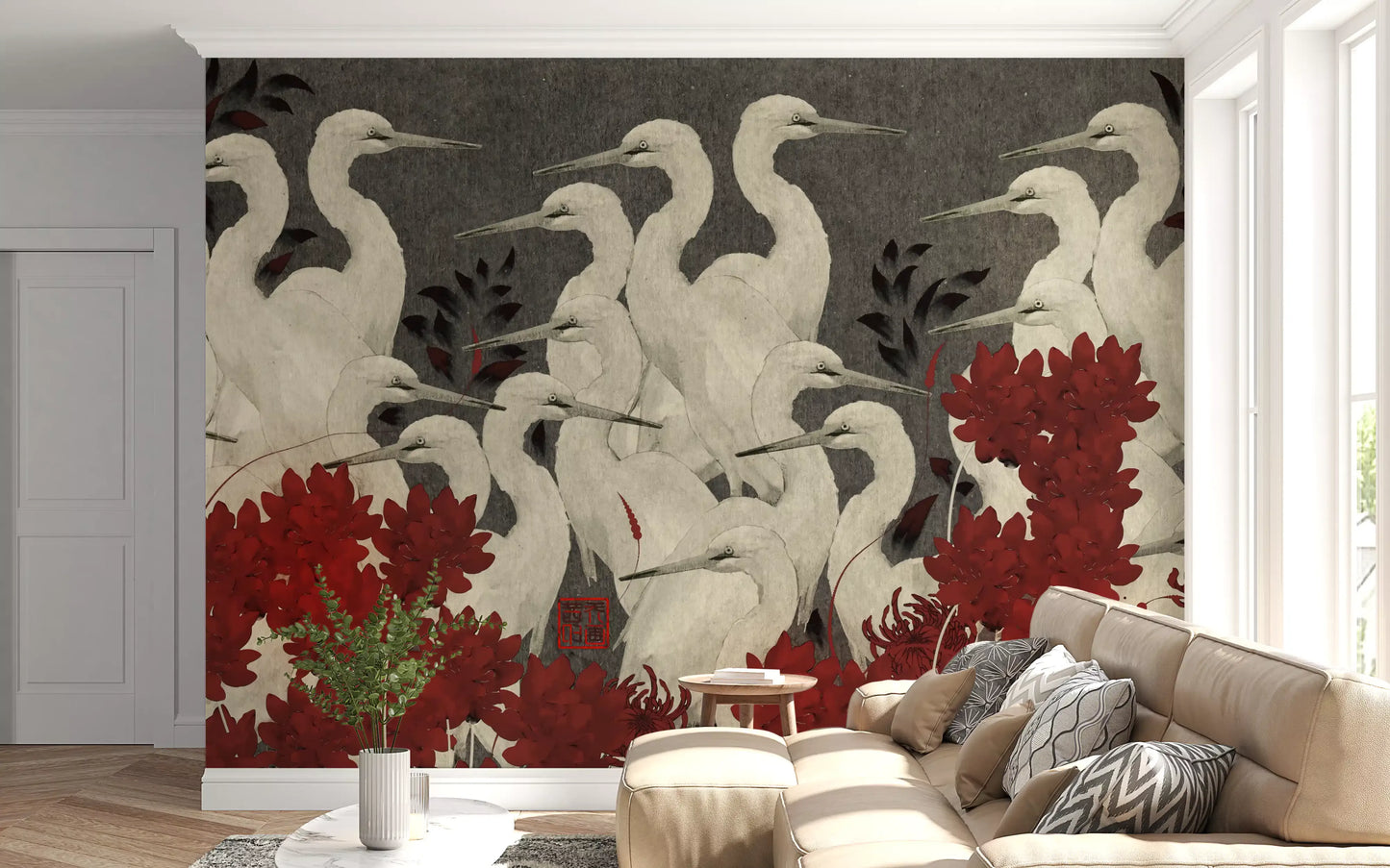 Crimson Crane Assemblage Floral Wall Mural