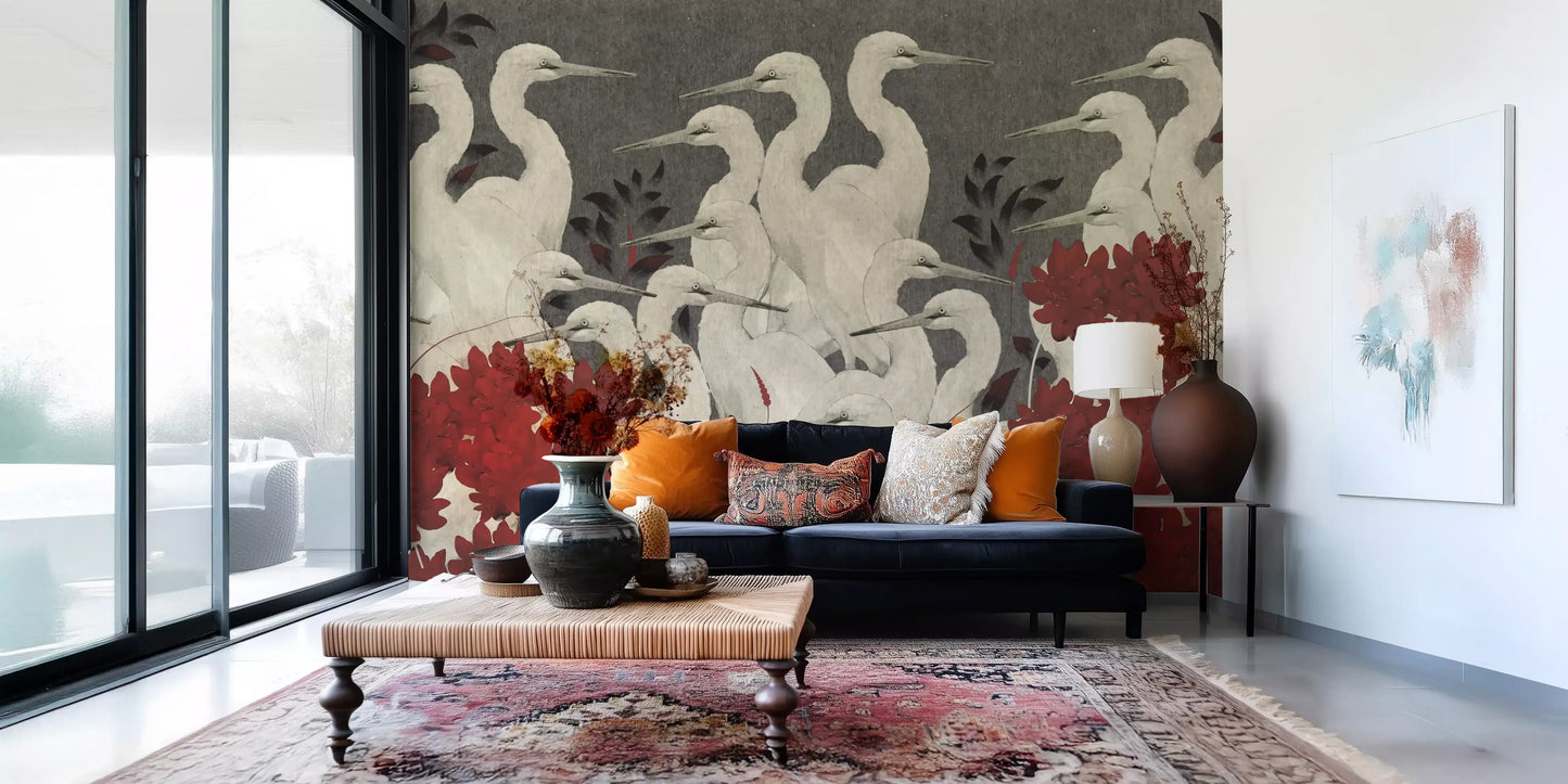 Crimson Crane Assemblage Floral Wall Mural