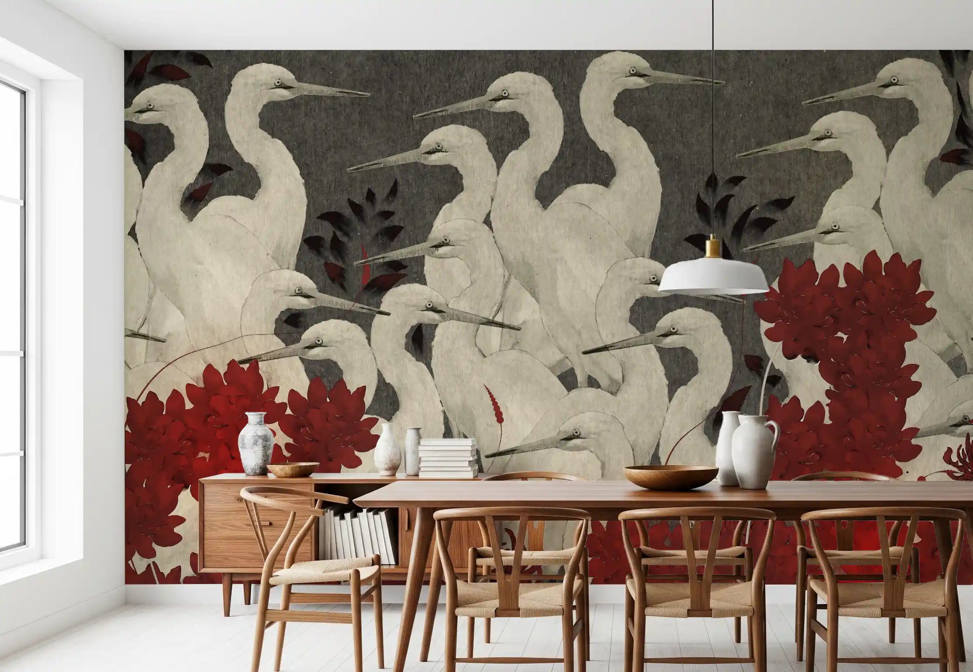 Crimson Crane Assemblage Floral Wall Mural