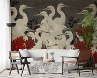 Crimson Crane Assemblage Floral Wall Mural