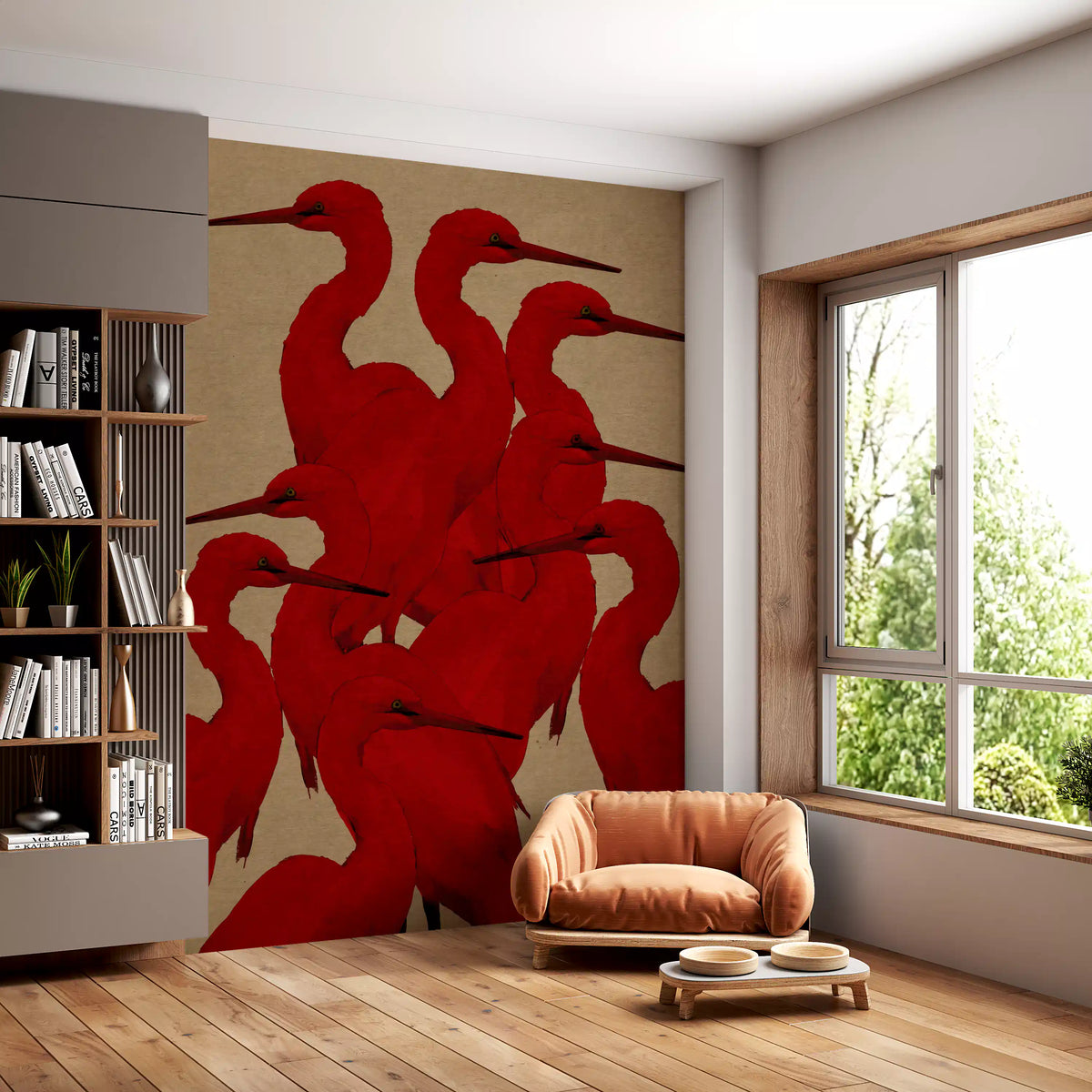 Red heron mural in a living room with an orange chair GD12094
