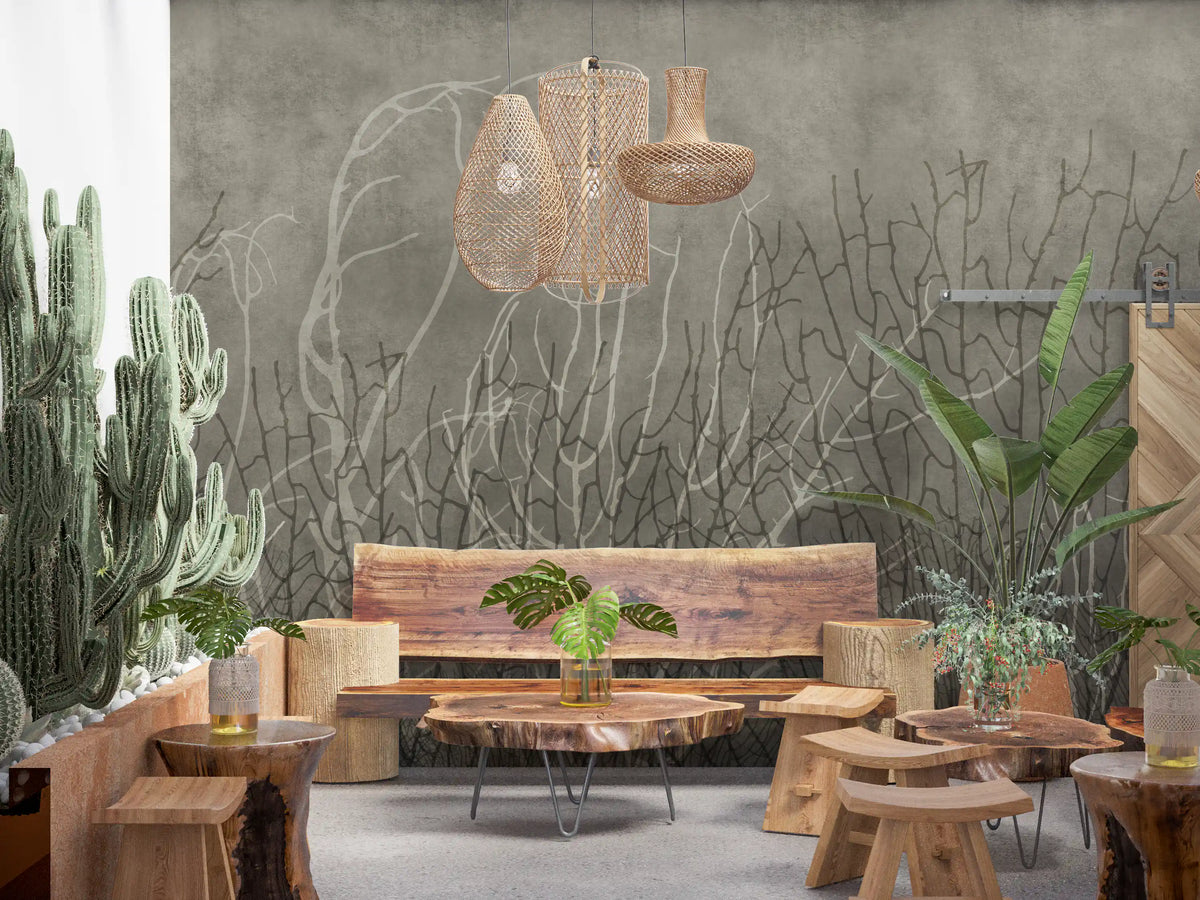 Sea fans greige mural in a boho living room with cacti GD12096