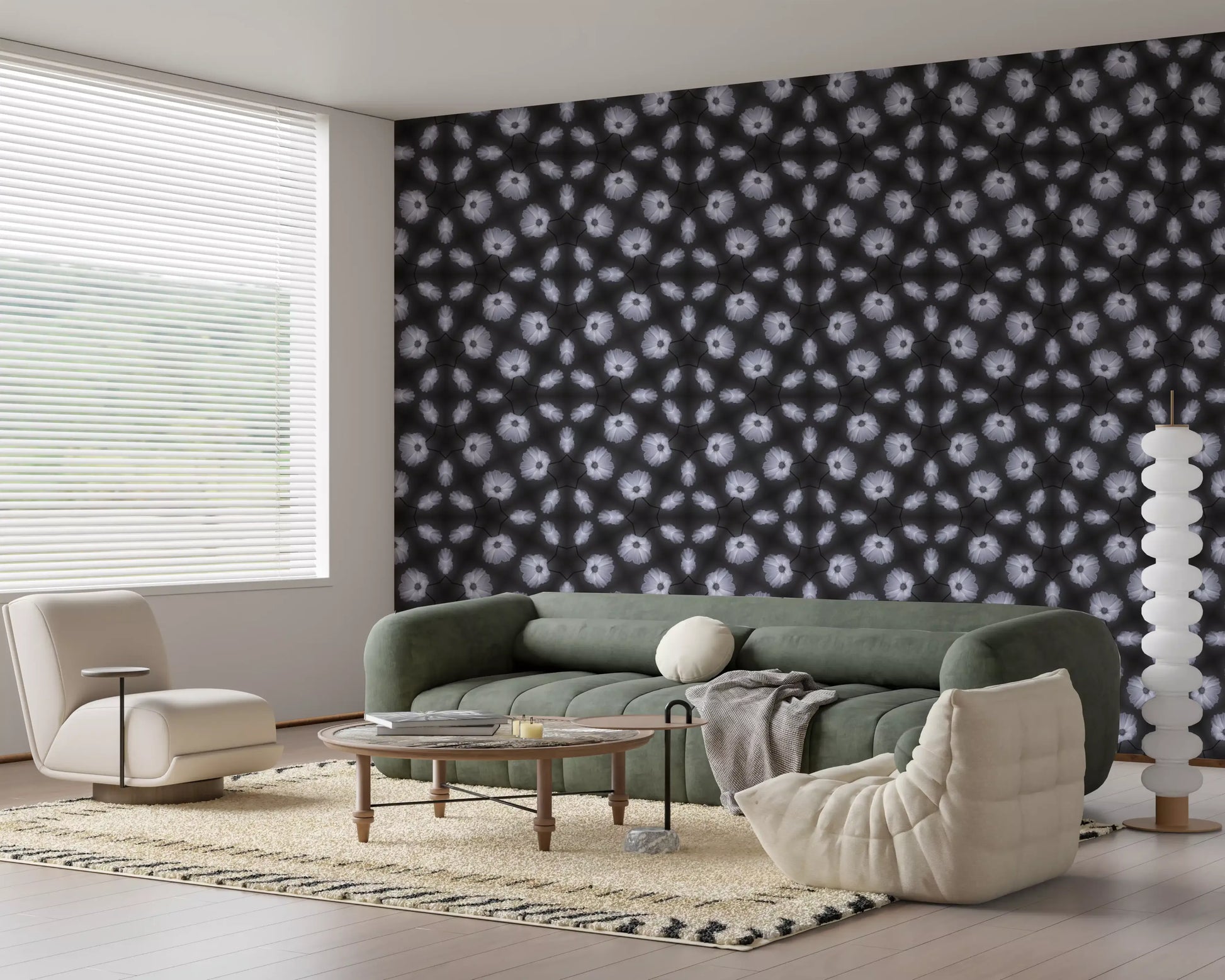 Monochrome Floral Kaleidoscope Wallpaper⁠