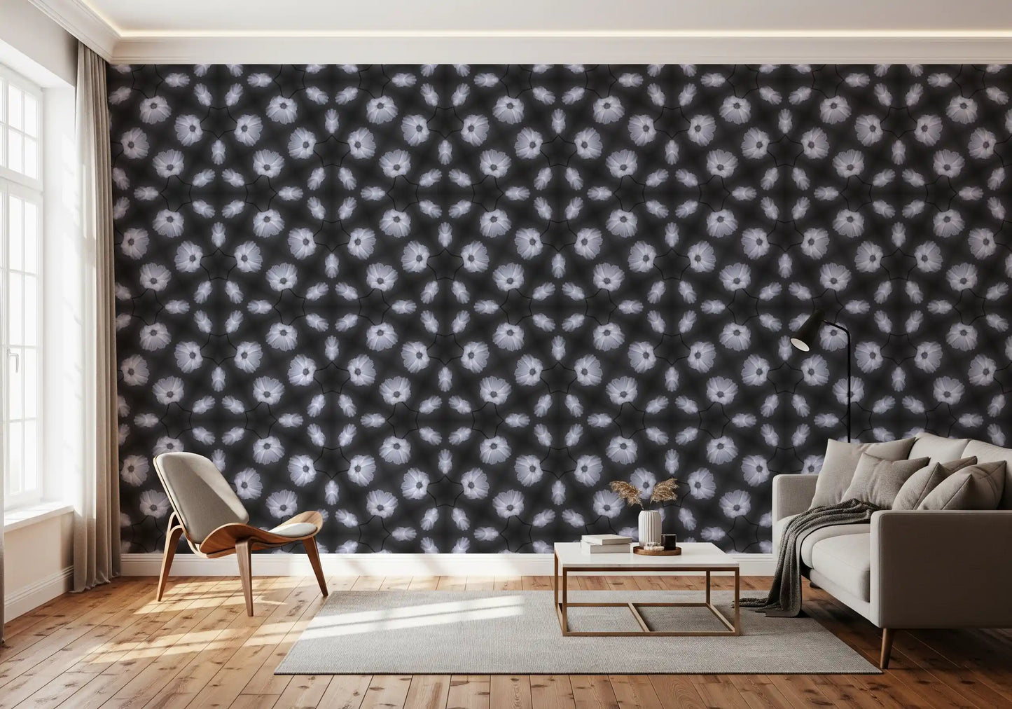 Monochrome Floral Kaleidoscope Wallpaper⁠